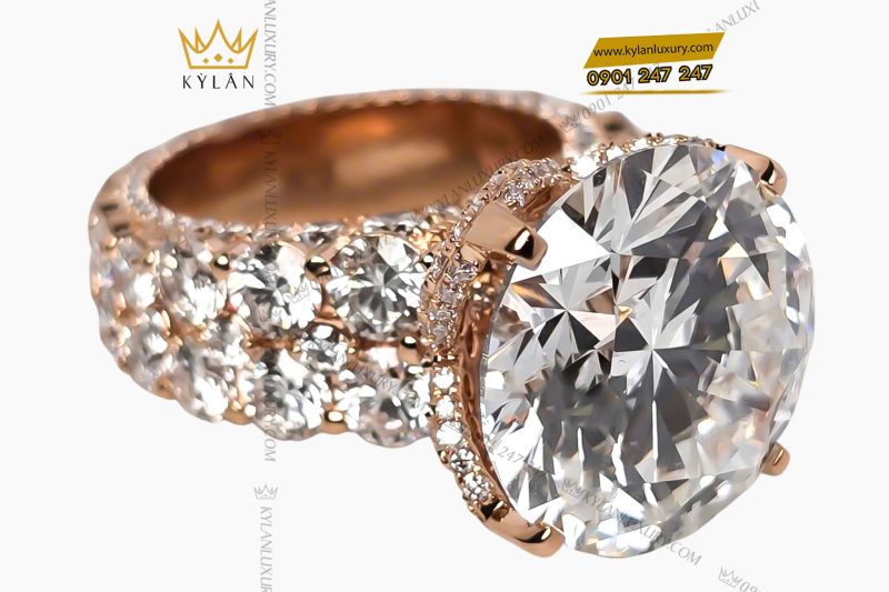 Nhẫn nữ vàng hồng nguyên khối Au750 đính viên kim cương chủ 15ly