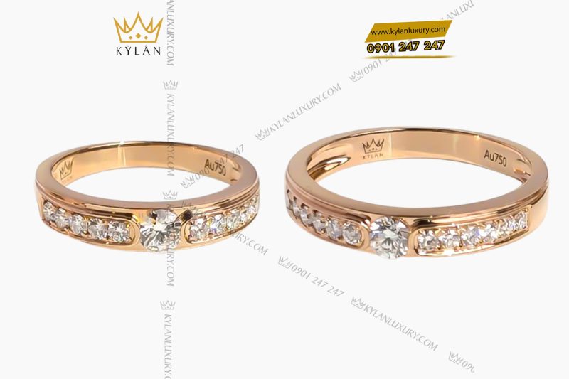 Cặp nhẫn đôi vàng hồng nguyên khối Au750 đính kim cương
