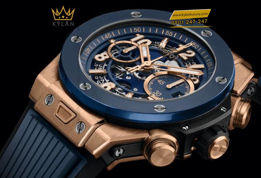 Vỏ vàng King Gold và vành gốm xanh lam của Hublot Big Bang Unico King Gold Blue Ceramic 42mm tạo nên vẻ tương phản độc đáo.