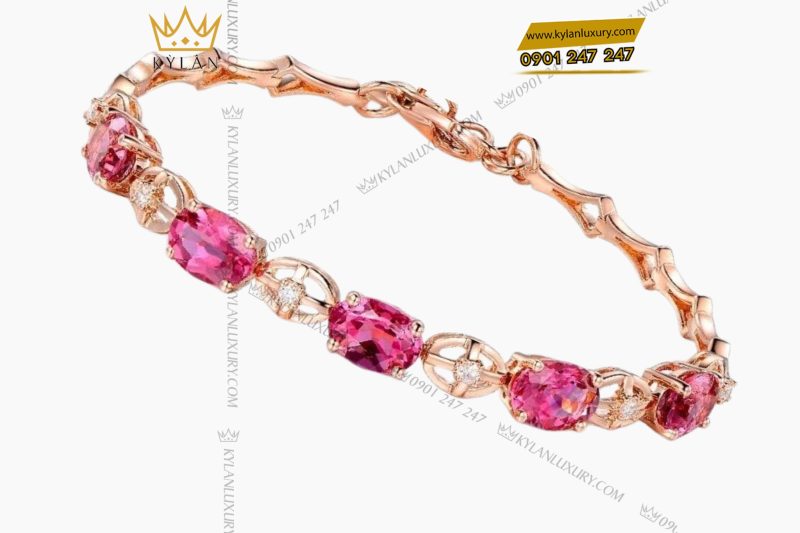 Lắc tay vàng hồng nguyên khối Au750 đính kim cương và đá ruby 
