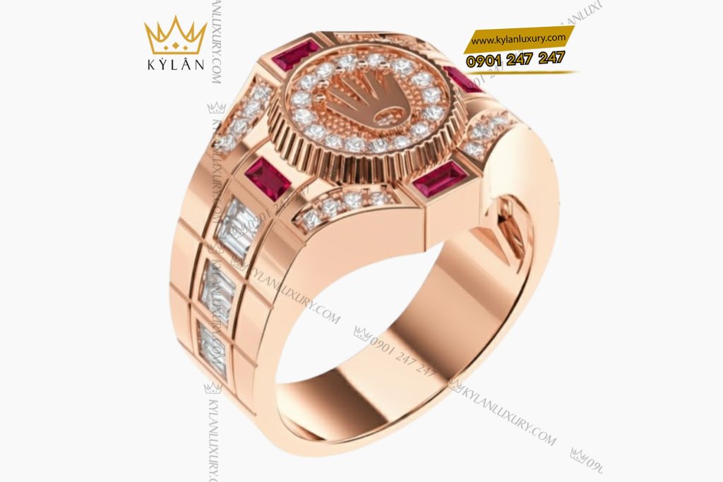 Kỳ Lân Luxury 4 92 Nhẫn Rolex vàng hồng nguyên khối Au750 đính kim cương và đá ruby đỏ