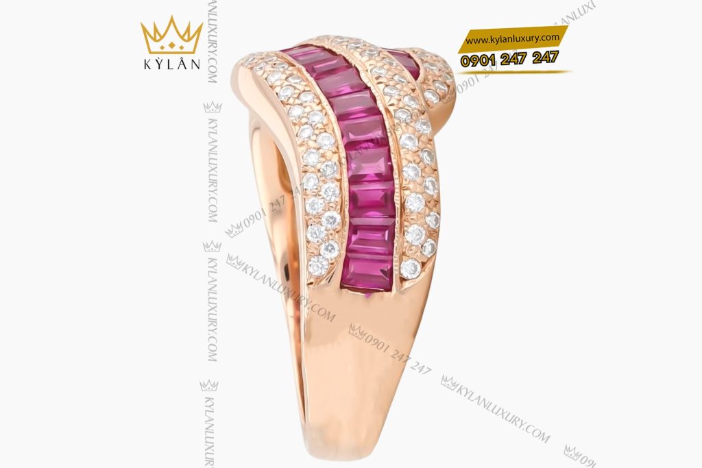 Nhẫn nữ vàng hồng Au750 đính kim cương & ruby hồng