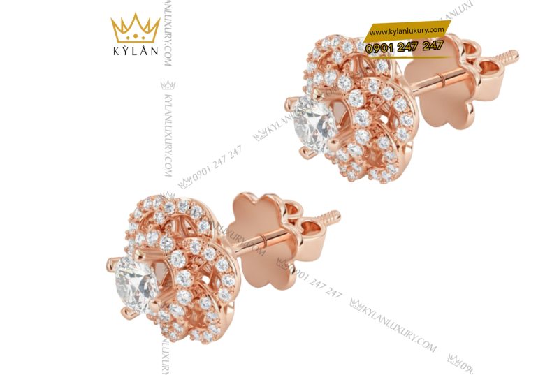 Bông tai nữ vàng hồng nguyên khối Au750 đính kim cương