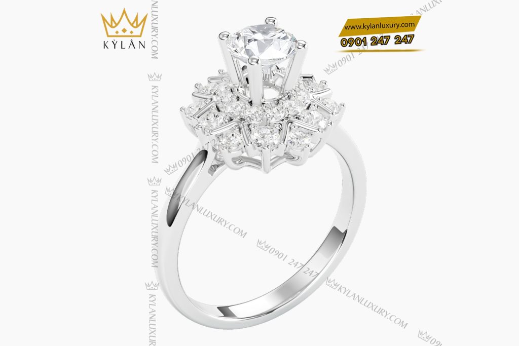 Nhẫn nữ kim cương vàng trắng nguyên khối Au750 