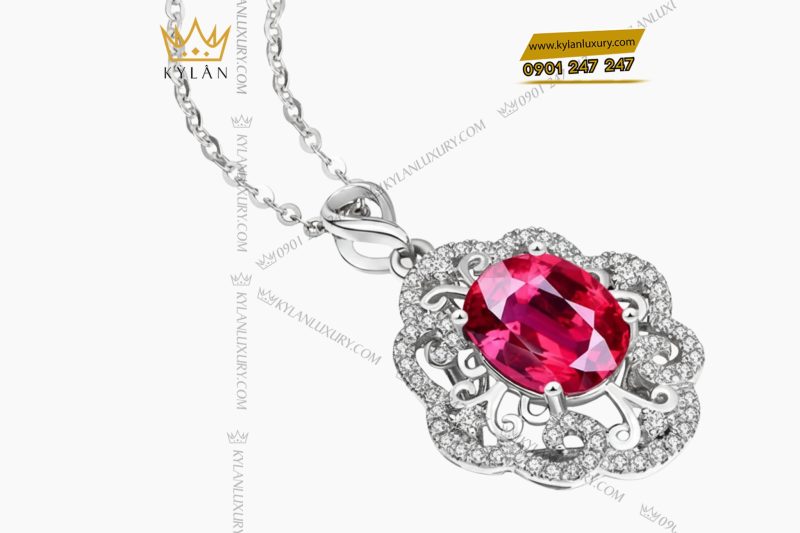 Mặt dây chuyền vàng trắng nguyên khối Au750 đính kim cương và đá ruby