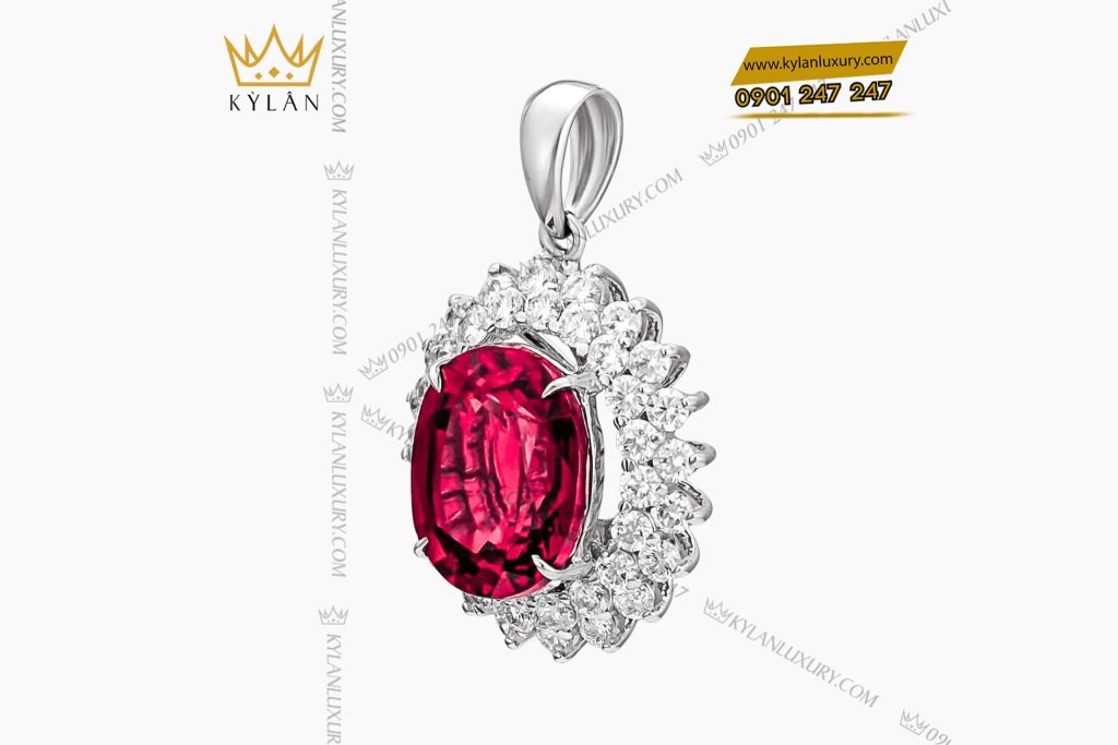 Kỳ Lân Luxury 5 21 Mặt dây chuyền vàng trắng nguyên khối Au750 đính kim cương và đá ruby