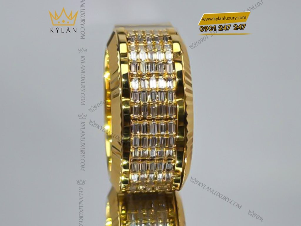 Kỳ Lân Luxury 5 27 Nhẫn Rolex xoay vàng nguyên khối Au750 đính 5 hàng kim cương baguette