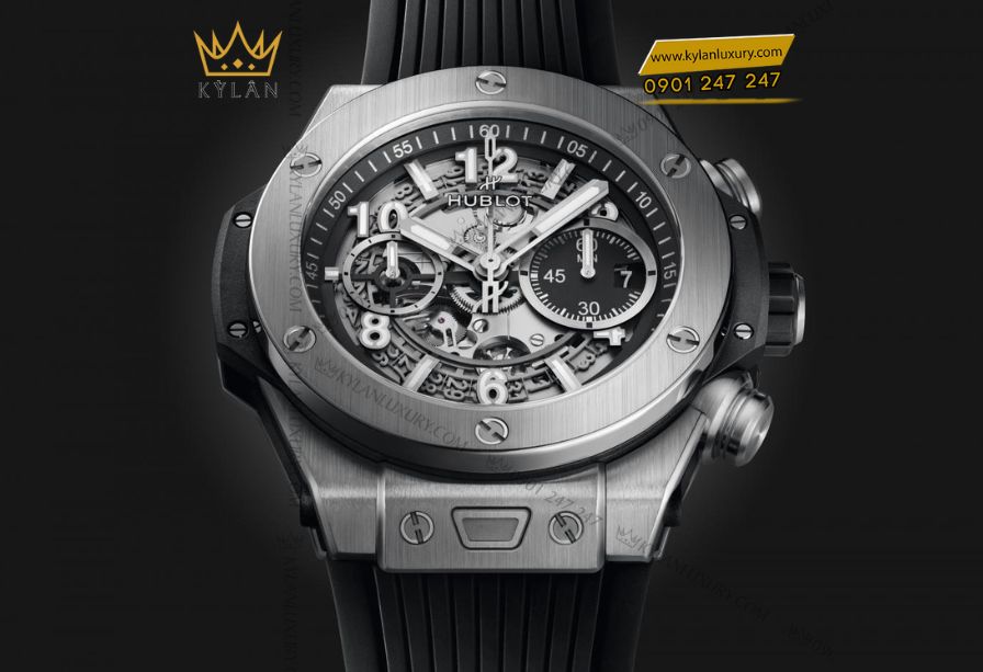 Hublot Big Bang Unico Titanium 44mm – đồng hồ thể thao sang trọng với vỏ titan siêu nhẹ, mặt số skeleton và dây cao su đen mạnh mẽ.