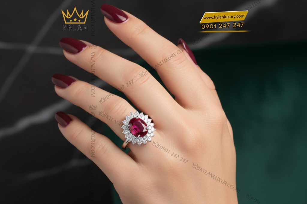 Nhẫn nữ vàng trắng nguyên khối Au750 đính kim cương và đá Ruby