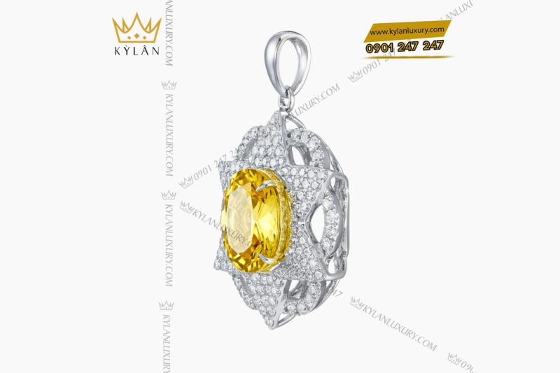 Mặt dây chuyền vàng trắng nguyên khối Au750 đính kim cương và đá Sapphire vàng