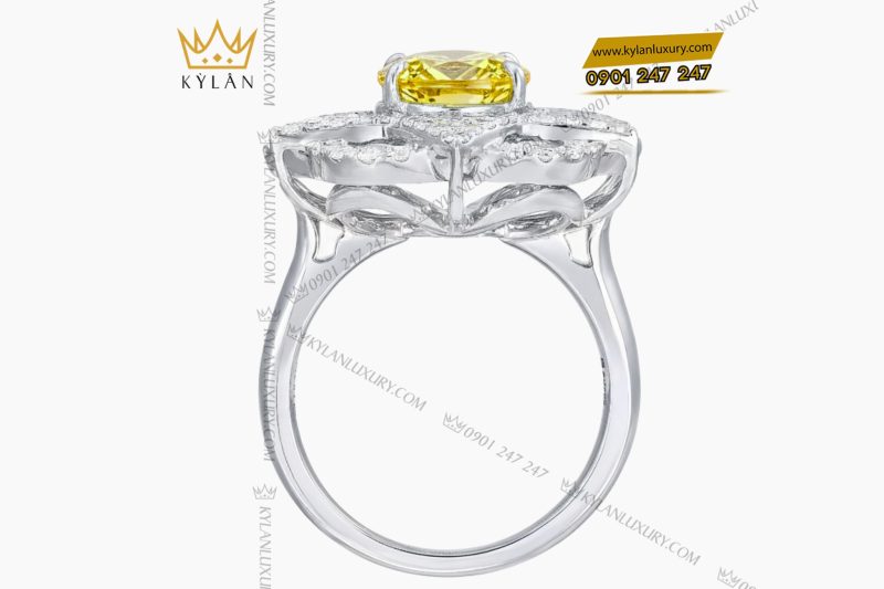 Nhẫn nữ vàng trắng nguyên khối Au750 đính kim cương và đá Sapphire vàng