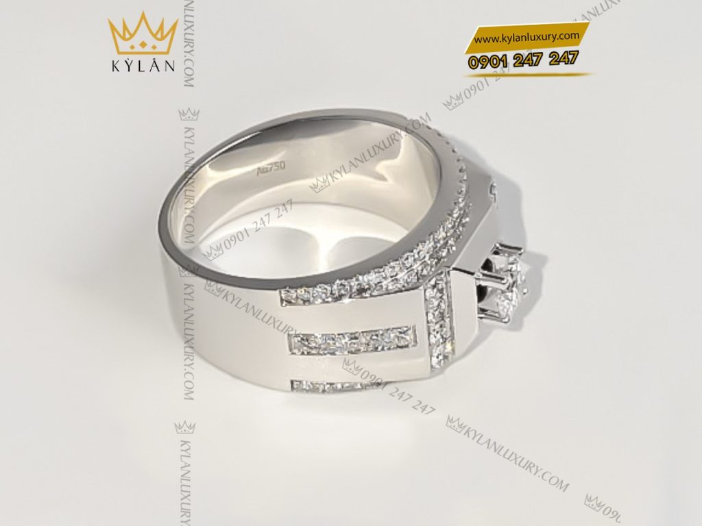 Kỳ Lân Luxury 5 39 Nhẫn vàng trắng nguyên khối Au750 đính kim cương chủ 5ly4