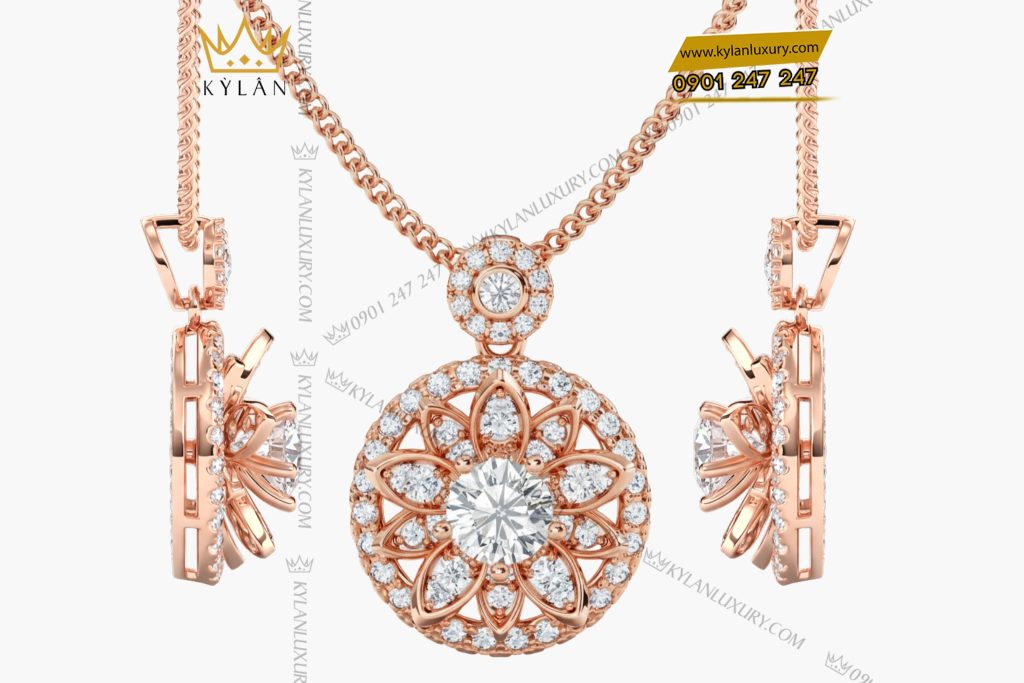 Mặt dây chuyền vàng hồng nguyên khối Au750 đính kim cương 