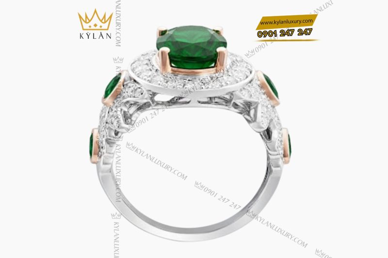 Nhẫn nữ vàng trắng Au750 đính kim cương và đá ngọc lục bảo