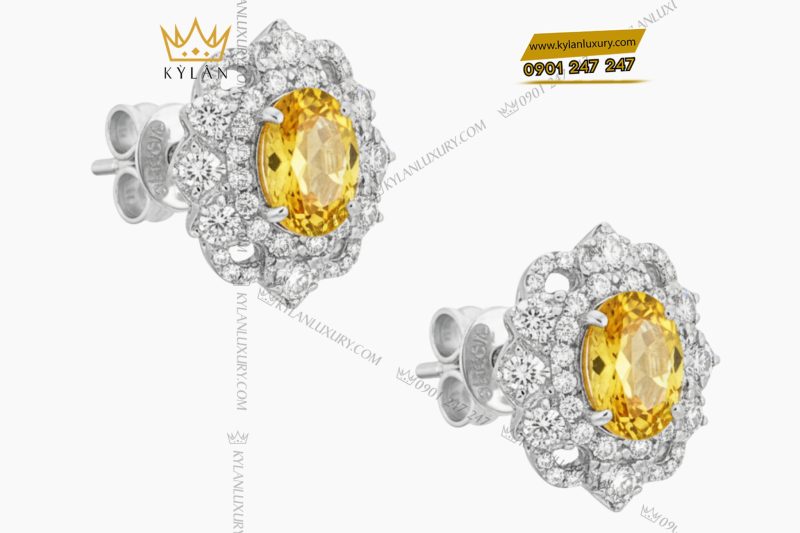 Bông tai vàng trắng Au750 đính kim cương và đá Sapphire vàng