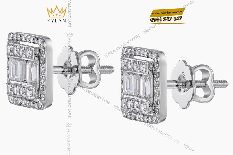 Bông tai vàng trắng Au750 đính kim cương baguette