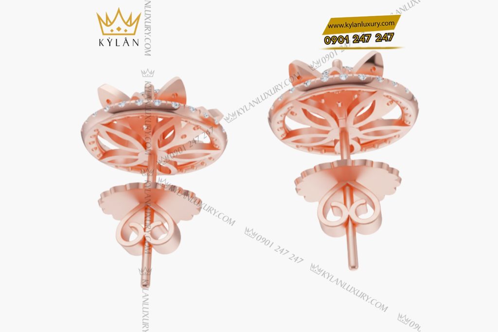 Kỳ Lân Luxury 5 6 Bông tai vàng hồng nguyên khối Au750 đính kim cương 