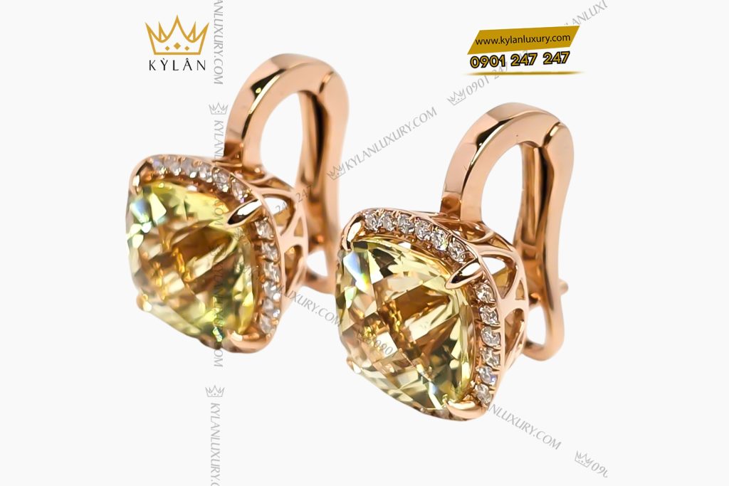 Bông tai vàng hồng Au750 đính đá thạch anh vàng 3 Bông tai vàng hồng nguyên khối Au750 đính đá thạch anh vàng