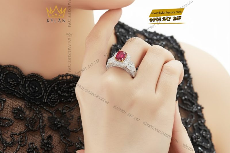 Nhẫn nữ vàng trắng nguyên khối Au750 đính viên chủ Sapphire đỏ