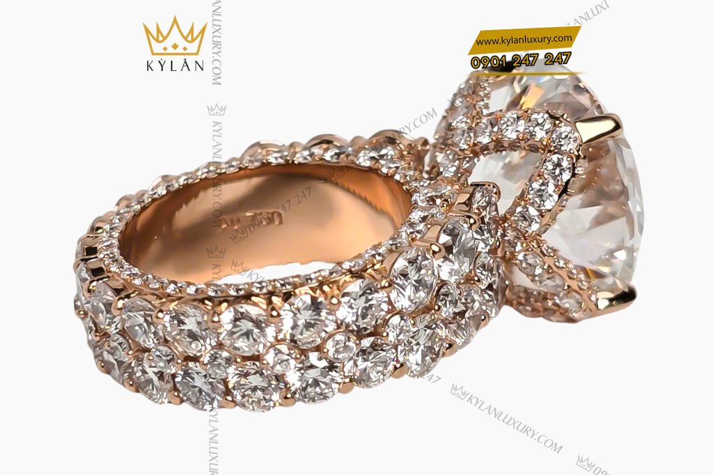 Kỳ Lân Luxury 5 77 Nhẫn nữ vàng hồng nguyên khối Au750 đính viên kim cương chủ 15ly