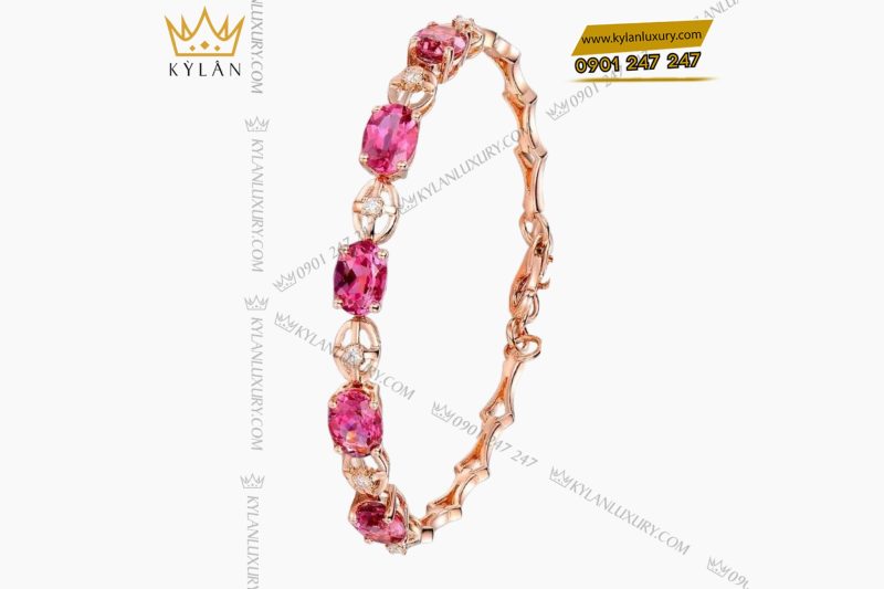 Lắc tay vàng hồng nguyên khối Au750 đính kim cương và đá ruby 