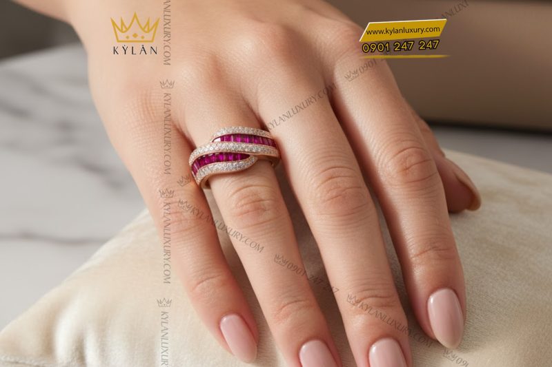 Nhẫn nữ vàng hồng Au750 đính kim cương & ruby hồng