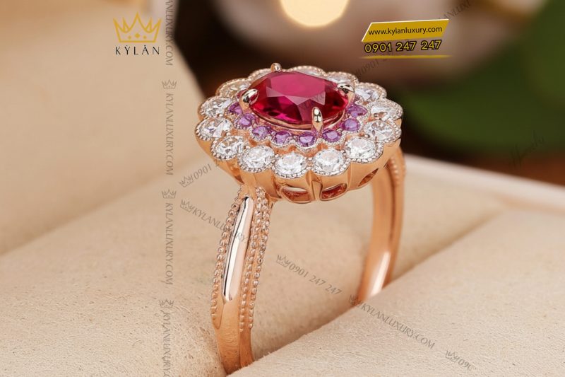 Nhẫn nữ vàng hồng nguyên khối Au750 đính kim cương và đá ruby 