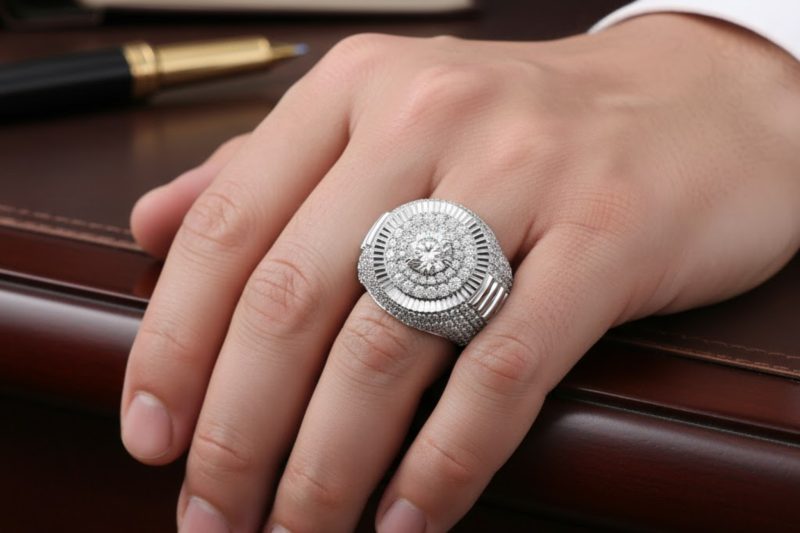Nhẫn nam vàng trắng nguyên khối Au750 đính kim cương
