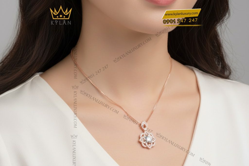 Dây chuyền vàng hồng Au750 đính kim cương