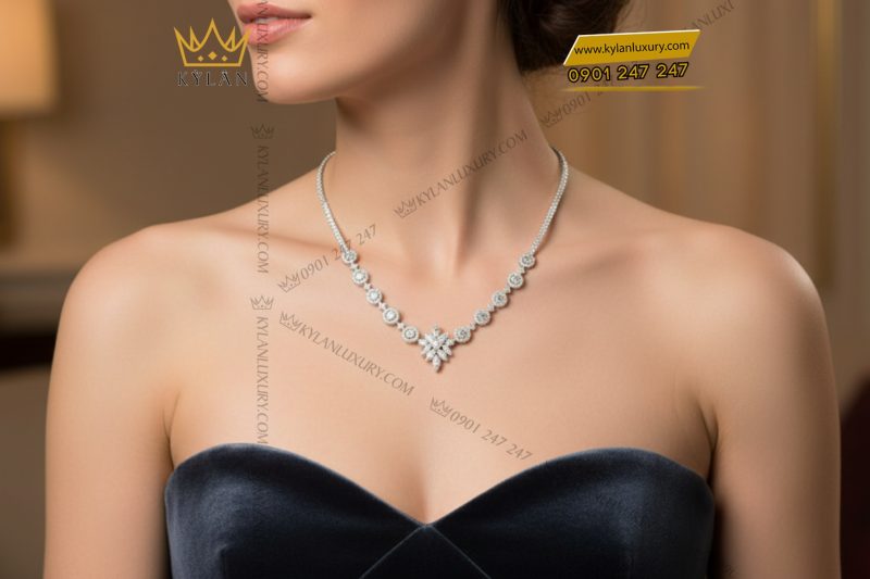Dây chuyền kim cương vàng trắng nguyên khối Au750 
