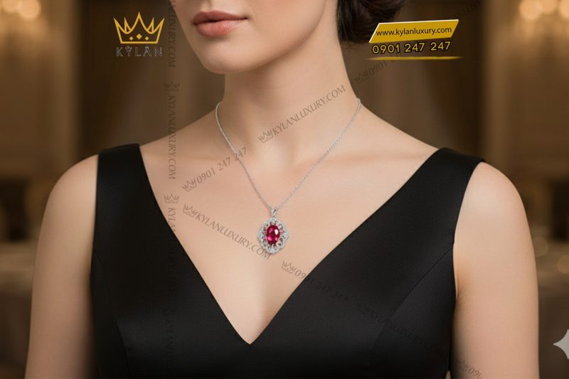 Mặt dây chuyền vàng trắng nguyên khối Au750 đính kim cương và đá ruby