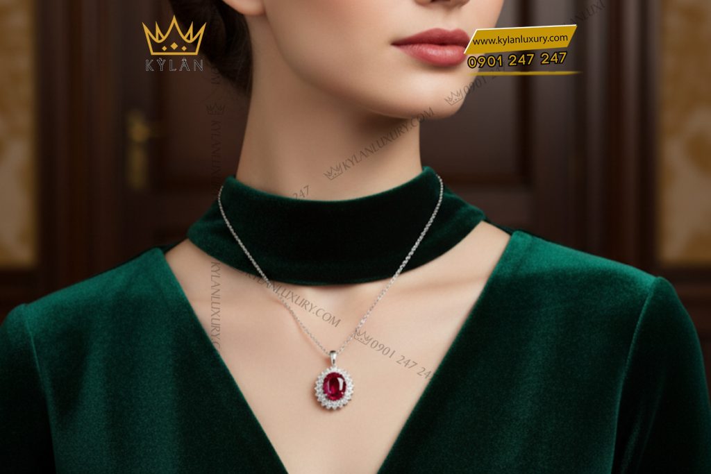 Mặt dây chuyền vàng trắng nguyên khối Au750 đính kim cương và đá ruby