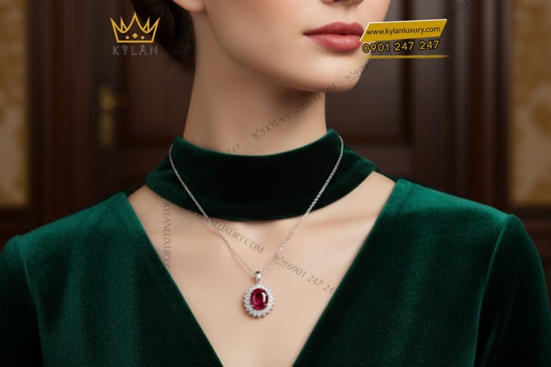 Mặt dây chuyền vàng trắng nguyên khối Au750 đính kim cương và đá ruby
