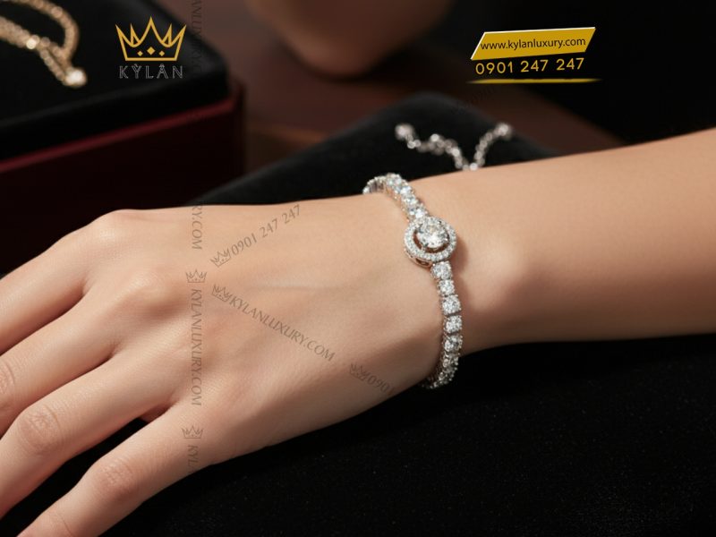Lắc tay kim cương vàng trắng nguyên khối Au750 