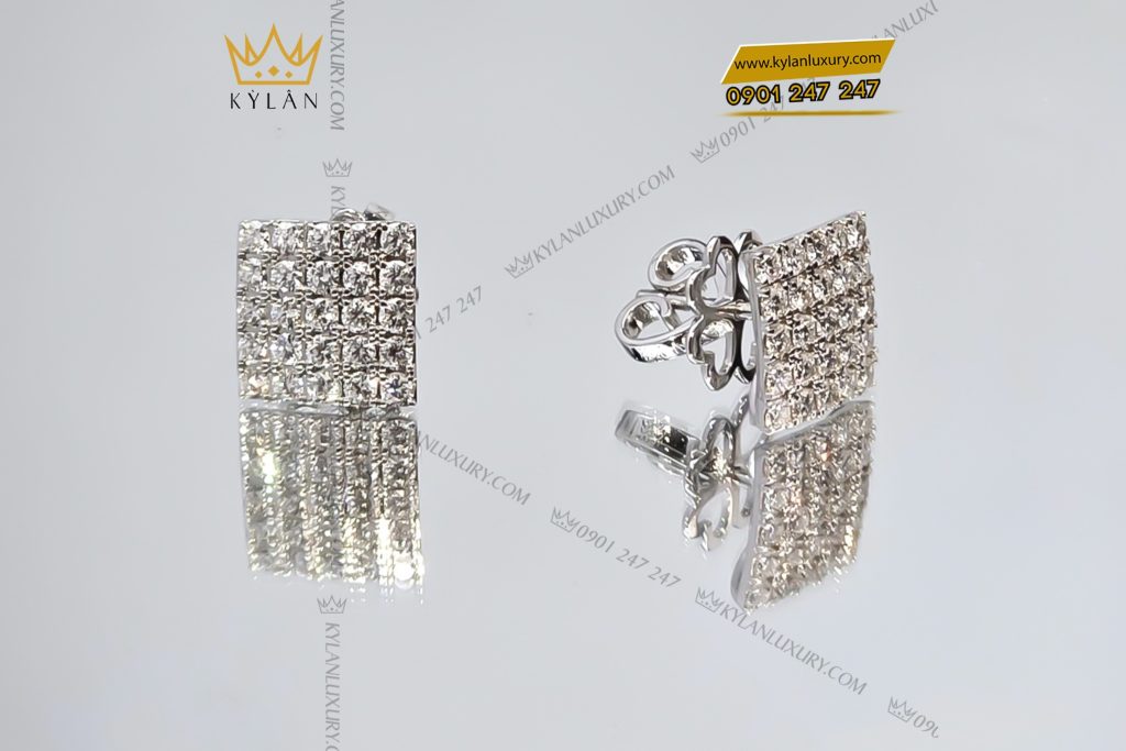 Bông tai mặt hình chữ nhật vàng trắng Au750 đính kim cương 