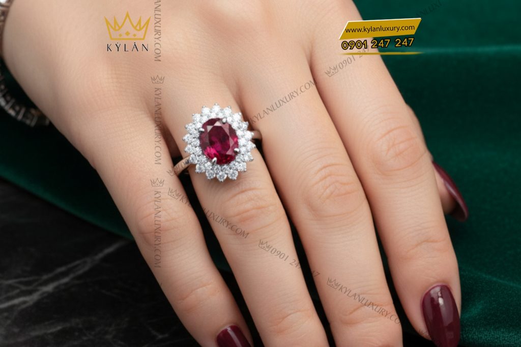Nhẫn nữ vàng trắng nguyên khối Au750 đính kim cương và đá Ruby