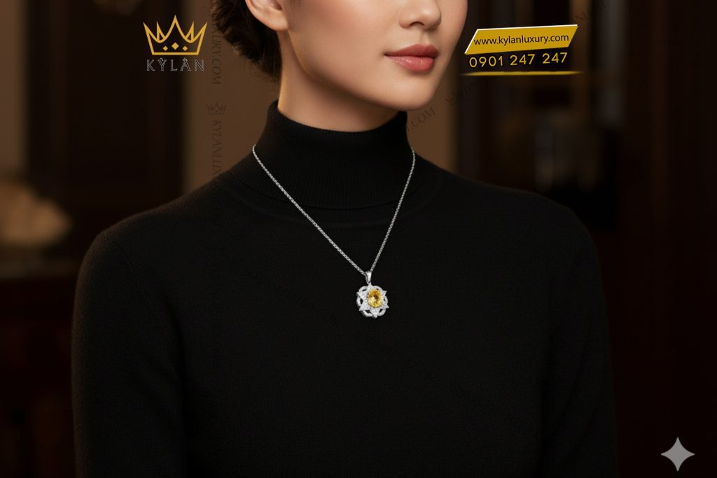 Mặt dây chuyền vàng trắng nguyên khối Au750 đính kim cương và đá Sapphire vàng
