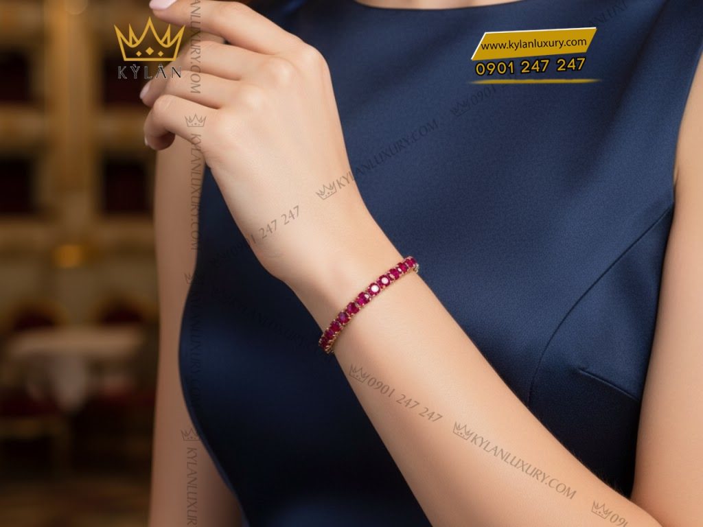 Lắc tay vàng hồng nguyên khối Au750 đính đá ruby