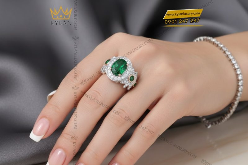 Nhẫn nữ vàng trắng Au750 đính kim cương và đá ngọc lục bảo