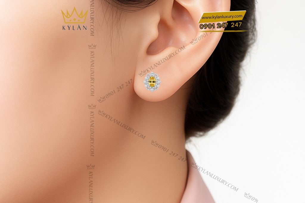 Bông tai vàng trắng Au750 đính kim cương và đá Sapphire vàng 5 Bông tai vàng trắng nguyên khối Au750 đính kim cương và đá Sapphire vàng