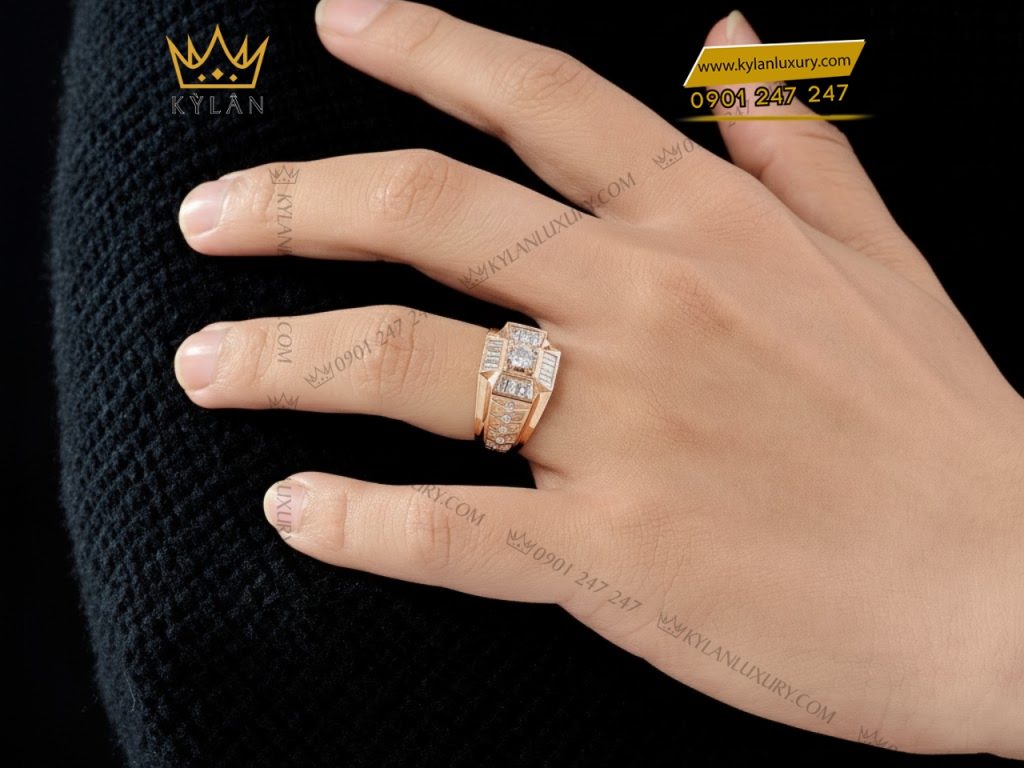 Kỳ Lân Luxury 6 49 Nhẫn nam vàng hồng nguyên khối Au750 đính kim cương