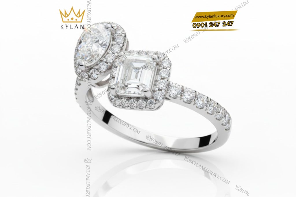 Kỳ Lân Luxury 6 50 Nhẫn nữ vàng trắng nguyên khối Au750 đính hai viên chủ kim cương
