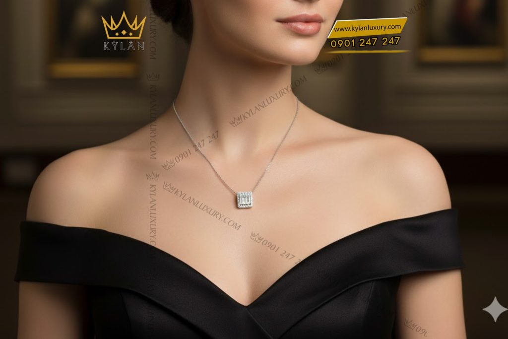 Dây chuyền vàng trắng nguyên khối Au750 đính kim cương baguette