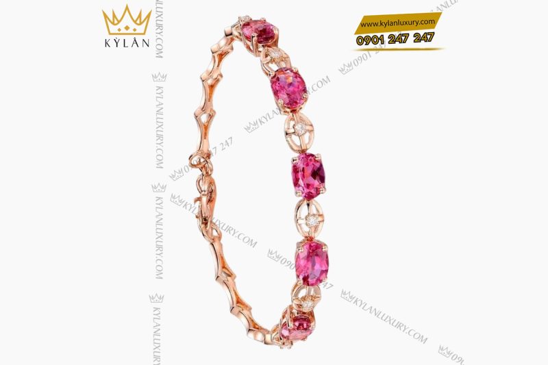 Lắc tay vàng hồng nguyên khối Au750 đính kim cương và đá ruby 