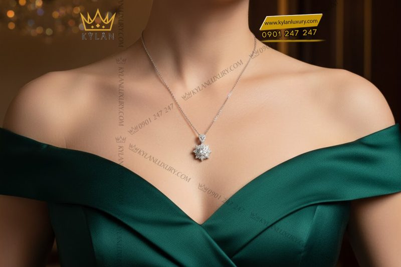 Mặt dây chuyền kim cương vàng trắng nguyên khối Au750