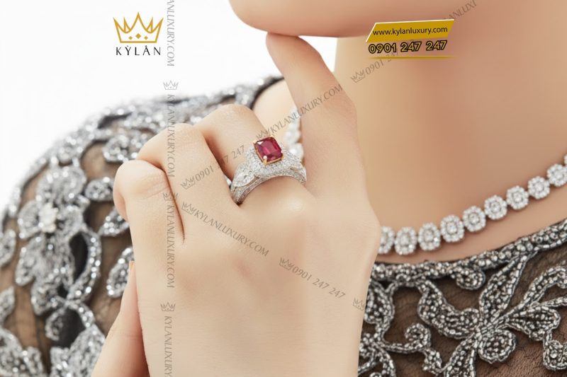 Nhẫn nữ vàng trắng nguyên khối Au750 đính viên chủ Sapphire đỏ