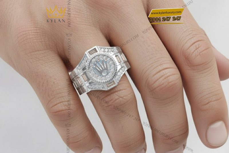 Nhẫn Rolex vàng trắng nguyên khối Au750 đính kim cương