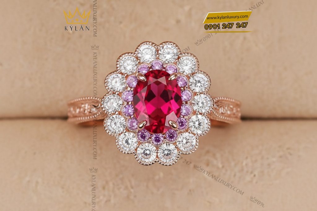 Nhẫn nữ vàng hồng nguyên khối Au750 đính kim cương và đá ruby 