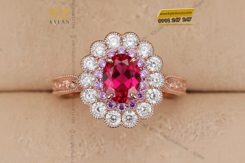 Nhẫn nữ vàng hồng nguyên khối Au750 đính kim cương và đá ruby 