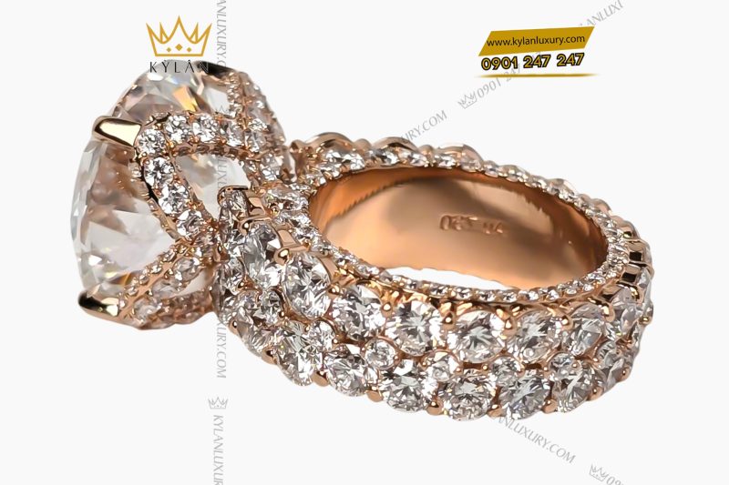 Nhẫn nữ vàng hồng nguyên khối Au750 đính viên kim cương chủ 15ly